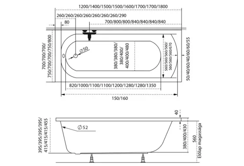 Fürdőkád acryl Mira 170x75 +kádláb+peremrögzítő