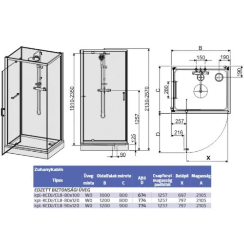 Négyoldalról zárt szögletes zuhanykabinok kpl-KCDJ/ CLIIa-90x120 / króm kerettel és ezüst hátfallal /W0 üveggel