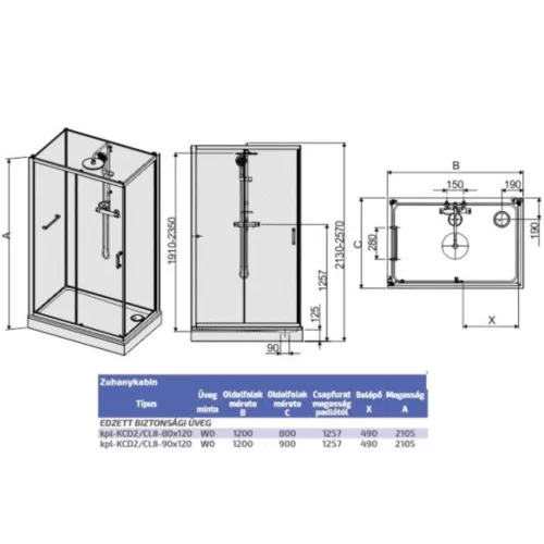 Négyoldalról zárt szögletes zuhanykabinok kpl-KCD2/ CLIIa-90x120 / fehér kerettel és fehér hátfallal /W0 üveggel