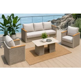 Teak/Rattan sofa +2 fotel + asztal