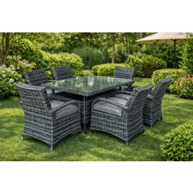   Rattan étkező 150x100 asztal+6 szék ( fekete+szürke ) (L150-6B)