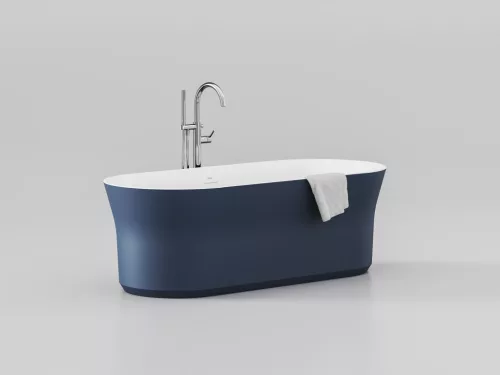 Ypsilon 180x80, akrilkád, Deepsea Blue/fehér, szabadonálló, fehér/fekete/króm lefolyó